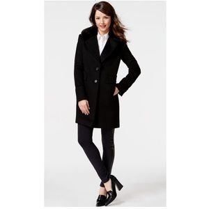 DKNY Black Faux Fur Collar Wool Coat